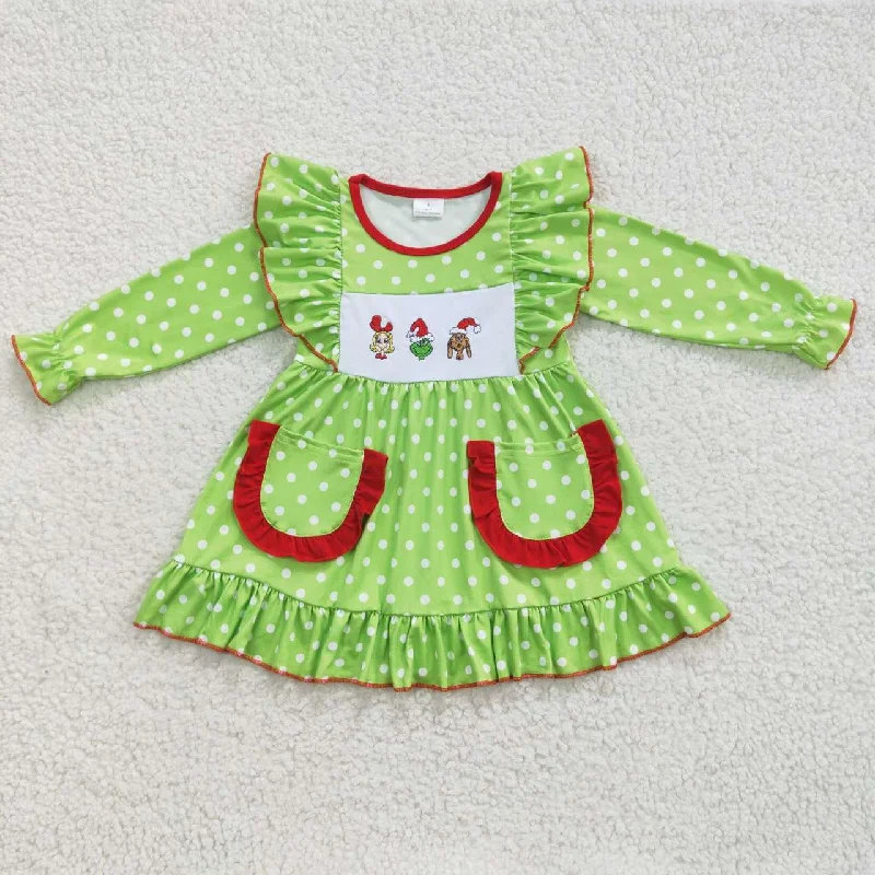 Girl christmas green dotted embroidery flutter dress GLD0217